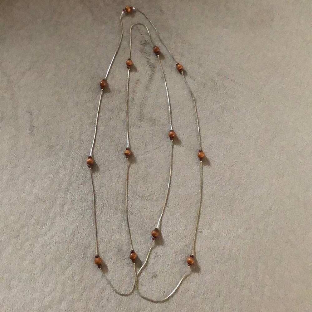 Long Necklace Brown Beaded‎ Silver Chain
